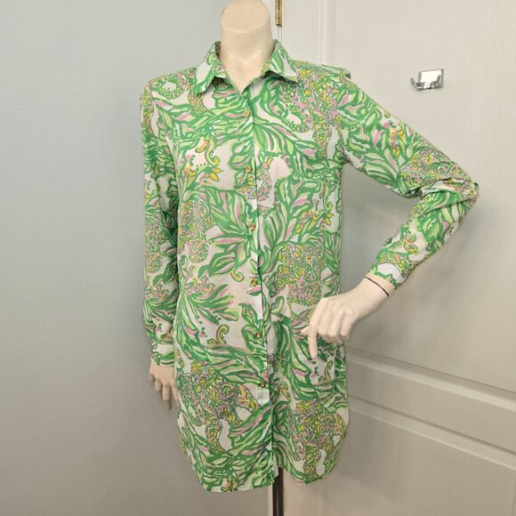 Lilly Pulitzer Shirt Dress Tunic Green and Pink Long sleeve Colorful - Picture 1 of 15